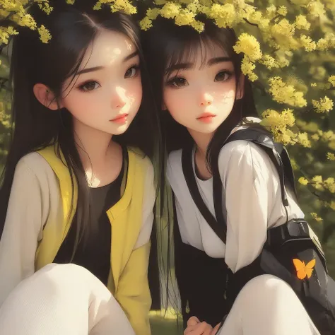 An incredibly charming  carrying a backpack, accompanied by her adorable puppy, enjoying a lovely spring outing surrounded by beautiful yellow flowers and natural scenery. The illustration is in high definition at 4k resolution, with highly-detailed facial...