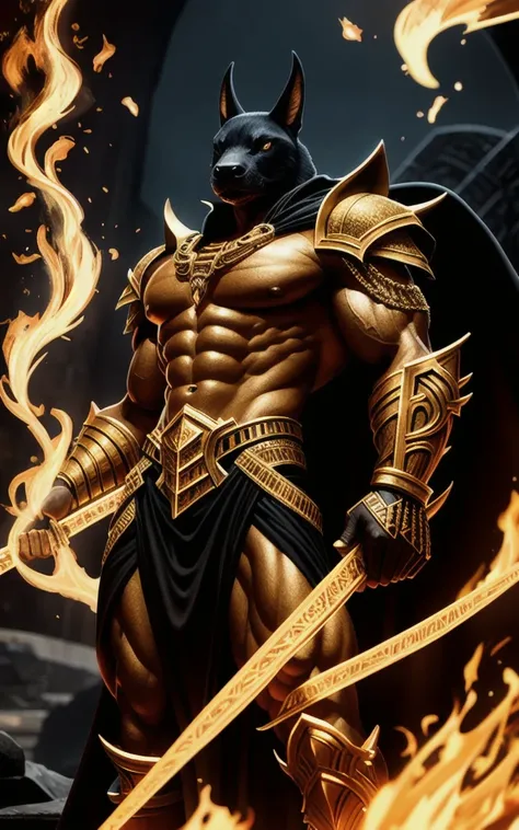 (high quality), photorealistic, (oil painting)
jewelry, (solo),
(dynamic pose), towards right, ((hell gate)), fire, hell landscape, (the underworld), (dark landscape),
anubis, egyptian jackal headed god, anthro, muscular, (holding golden scales), dynamic p...