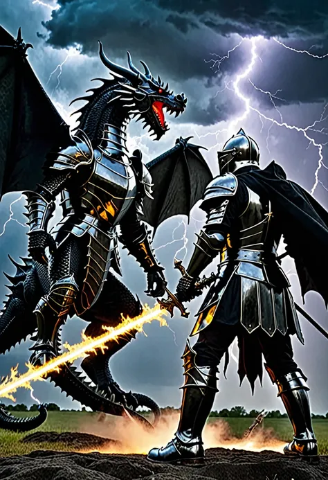 gothic black knight facing dragon shooting lightening