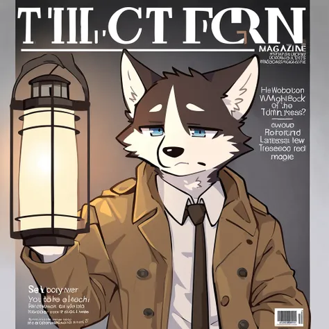 ((magazine cover)), perfect anatomy, thin_anthro, full_body, furry, male, (dog), husky, kemono, 1boy, solo, ((clothed)), (brown_trenchcoat), brown_tie, ((holding_lantern_with_one_hand)), model, multicolored fur, ((stressed_expression)), (detailed eyes), po...