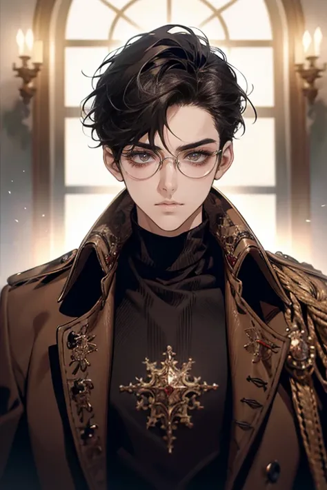 (tmasterpiece, high resolution, ultra - detailed:1.0), (1 boy, Young male), Eyes looking at the camera, Perfect male body, Extremely detailed CG, 8K wallpaper, Complicated details, solo person, Detailed face,(Black hair, brown coat,brown sweater, Glasses),...