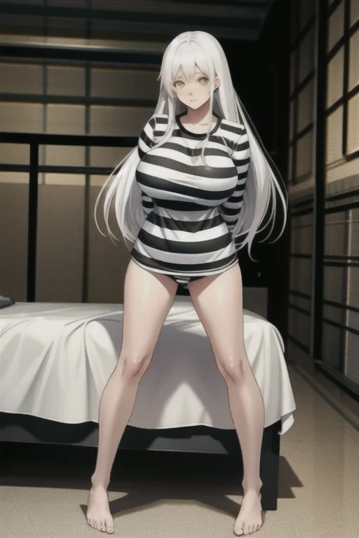 an anime girl with her arms behind her back, dressed as a prisoner, inside a dark prison cell, 1 girl, full body, alone, long hair, looking at viewer, shirt, yellow eyes, white hair, loose hair, evil worried face , sitting on a bed, dressed in a striped t-...