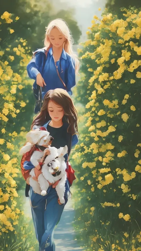 An incredibly charming  carrying a backpack, accompanied by her adorable puppy, enjoying a lovely spring outing surrounded by beautiful yellow flowers and natural scenery. The illustration is in high definition at 4k resolution, with highly-detailed facial...