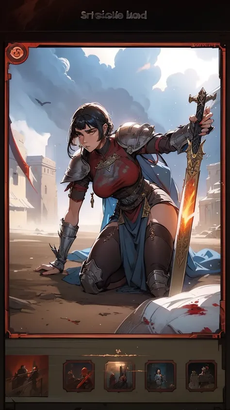 Action Card, Black-Haired ((Female:1.8)) Warrior, Glowing Red Ees, Holding a Sword, Wearing Steel Armor, Blue Mantle, on her Knees, Covered in Blood, 13th century AD, Medieval Castille, fantasy RPG, detailed dress, intricate details, digital painting, arts...