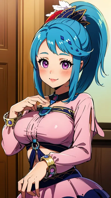 best quality, high resolution, large breasts, blue hair, ponytail, blush, smile, cowboy shot, looking at viewer, Lana, pink lip, in Hyrule, gothic outfit, 