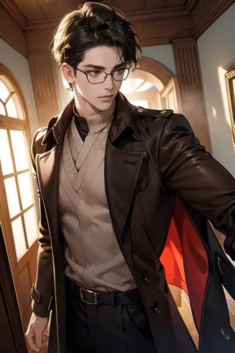 (tmasterpiece, high resolution, ultra - detailed:1.0), (1 boy, Young male), Eyes looking at the camera, Perfect male body, Extremely detailed CG, 8K wallpaper, Complicated details, solo person, Detailed face,(Black hair, brown coat,brown sweater, Glasses),...