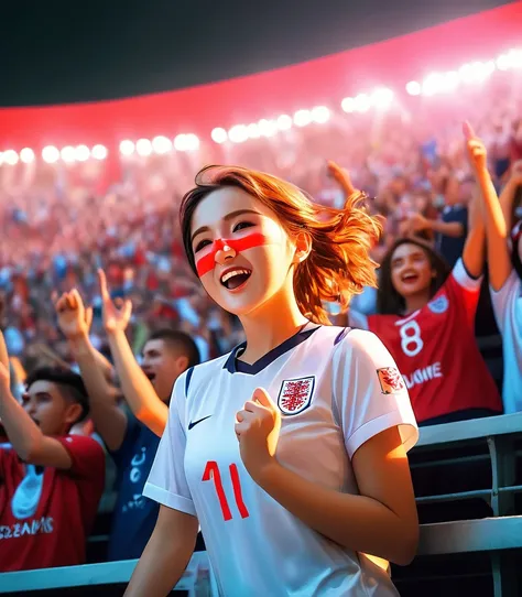 Best quality with neon light and unique painting, England flag painting colors on their faces, a group of cute young hardcore soccer fans wearing England soccer jersey and standing in stadium bleacher, celebrating a goal by Harry Kane, floating hair, natur...