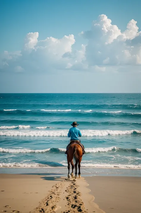 Horse walking away entering the sea with its back turned deep into the sea, paint 