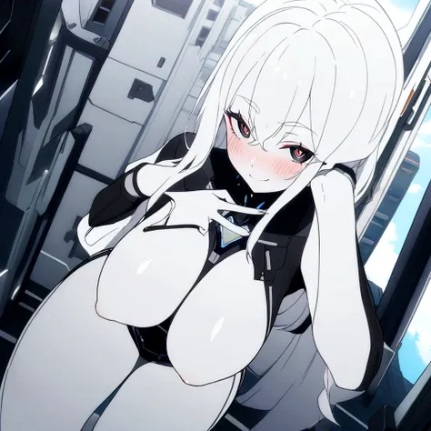 Masterpiece, High quality, High quality of art, anime lineart, 1girl,white hair, black eyes, white eyebrow, red eyeshadow, Tall, black cyber clothers, light gray cyber pants, big hips, big chest, very blush, white hearts in eyes, in future base, looking at...