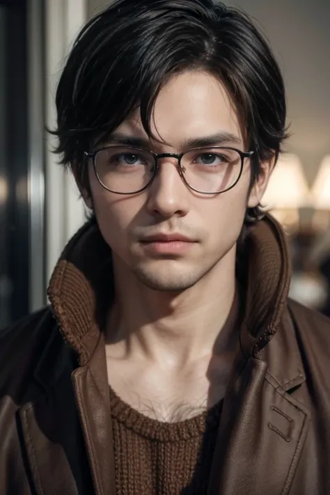 (tmasterpiece, high resolution, ultra - detailed:1.0), (1male), 30 years, Eyes looking at the camera, Perfect male body, Extremely detailed CG, 8K wallpaper, Complicated details, solo person, Detailed face,(Black hair, brown coat,brown sweater, Glasses), c...