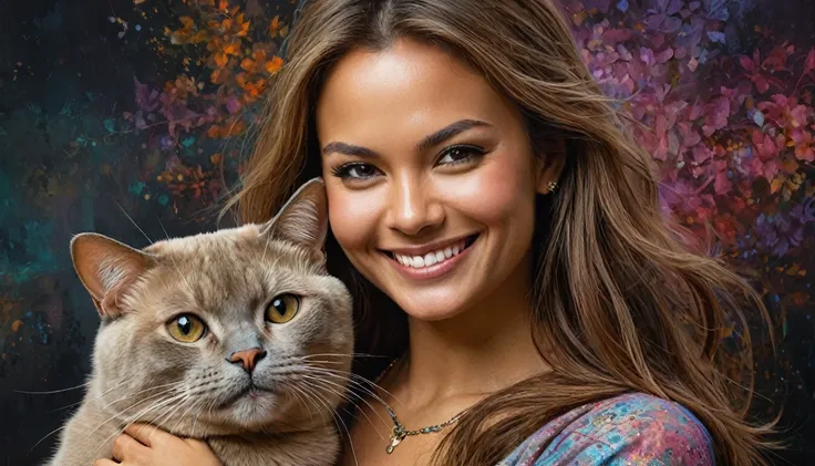 half  body,
a woman smile  with her best friend her Burmese cat,
dark complex background, style by Thomas Kinkade+David A. Hardy+Carne Griffiths+Mandy Disher half vivid colors fine art, best quality, high detailed, detailed faces, 2d,