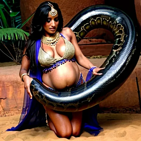 Pregnant bikini Happy Horny, aroused 1girl), beautiful kneeling young  Indian teen belly dancer girl with  giant colossal black anaconda squeezing her hard, wrapped in thick spiraling coils, constricted, struggle, gasping for air, snake attack, snake peril...