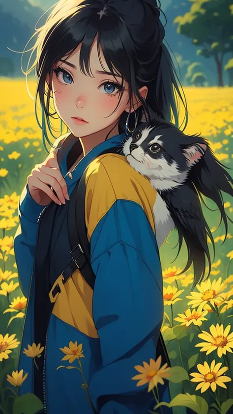 an incredibly charming  carrying a backpack, accompanied by her adorable puppy, enjoying a lovely spring outing surrounded by be...