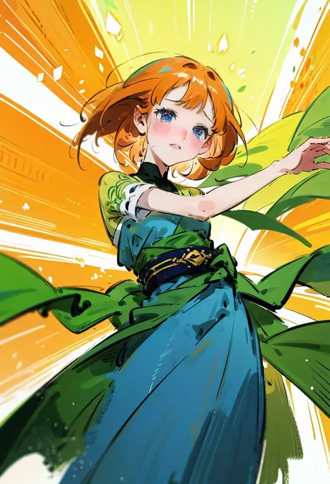 Yotsuba Nakano, short orange hair, green ribbon,, 4k, extremely fine illustration, cowboy shot, tears,, sfw, crying, dynamic pose, interesting pose, expressive face, silky pretty dress,flowing dress, wind, extremely fine and beautiful, super fine illustrat...