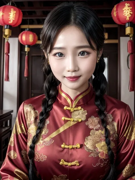 eyes are very fragile，double braids with cheongsam，chinese new year decorations（（smiling artwork）））， （（best quality））， （（intrica...