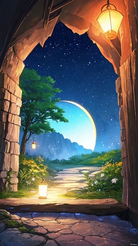 A crescent moon shining in the dark night sky seen from inside a cave, With the gentle light of fireflies. The scene is depicted softly., Pastel colors create a calming, dreamy atmosphere. The silhouette of a cave entrance frames the landscape.., Enhance t...