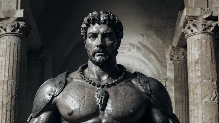 a portrait statue of the stoic Marcus Aurelius in black and white 4K, Super realistic ANCIENT GREEK RUINS, fully body, corpo stark, brawny, stark, wearing no shirt, tronco stark, stark, wearing no shirt, strong arms, 8K, ultra realisitic, cinematographic