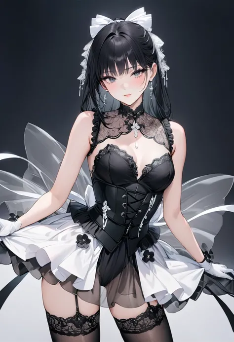 ((Top quality, masterpiece, freak, super resolution)), 1 girl, Japanese model,16 years old,Smooth black hair,The woman wears a bodysuit-style covering (corset dress) from the chest to the hips. The neckline is a deep V-cut with straps and the skirt is deco...