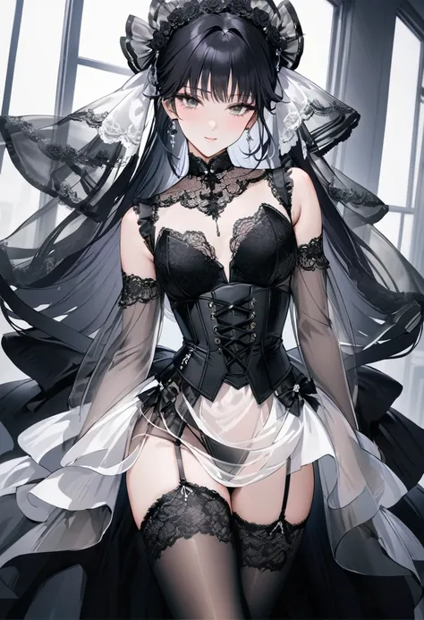 ((Top quality, masterpiece, freak, super resolution)), 1 girl, Japanese model,16 years old,Smooth black hair,The woman wears a bodysuit-style covering (corset dress) from the chest to the hips. The neckline is a deep V-cut with straps and the skirt is deco...