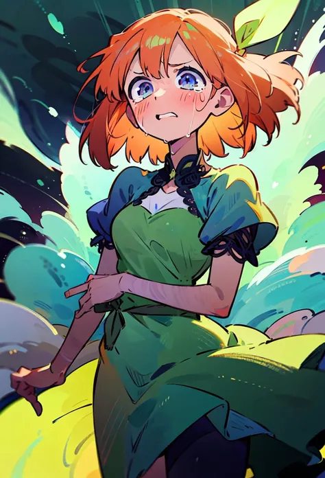 Yotsuba Nakano, short orange hair, green ribbon,, 4k, extremely fine illustration, cowboy shot, tears,, sfw, crying, dynamic pose, interesting pose, expressive face, silky pretty dress,flowing dress, wind, extremely fine and beautiful, super fine illustrat...