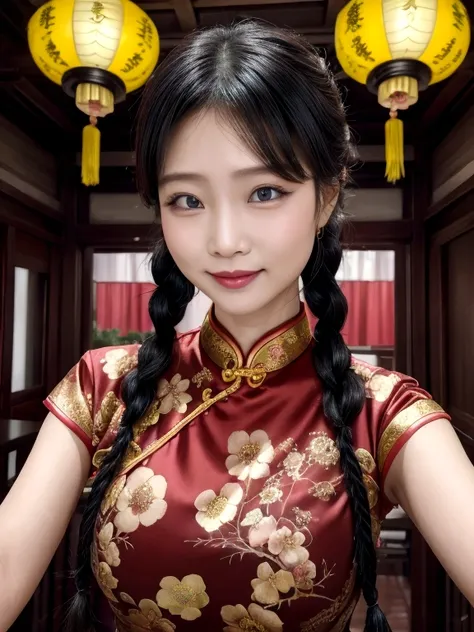 eyes are very fragile，double braids with cheongsam，chinese new year decorations（（smiling artwork）））， （（best quality））， （（intrica...