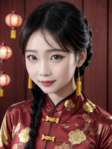 Eyes are very fragile，Double braids with cheongsam，Chinese New Year Decorations（（Smiling artwork）））， （（best quality））， （（Intricate details））， （（Surreal））（8K）