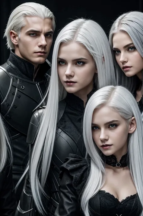 Army of beautiful white-haired vampire girls about to bite a beautiful man