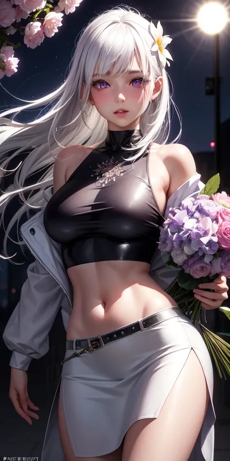 realistic, 1girl, white hair, purple eyes, glowing eyes, crop top, skirt, parted lips, blush, night, flowers, sun, sunlight,