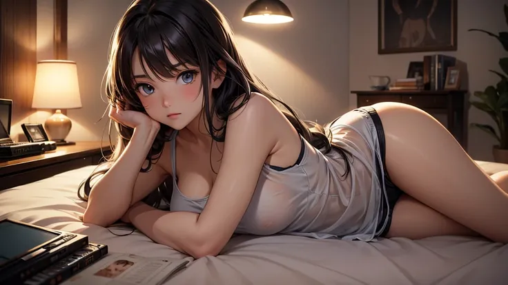 Create a high-quality, detailed image of a beautiful anime lofi girl with long hair, beautiful eyes, laying down in her cozy gaming room. She is wearing a see-through tank top and no bra, showing her breast. She also has on sexy sleep shorts. The warm, inv...