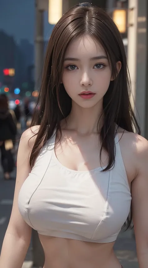 ((Realistic lighting, Best quality, 8K, very huge breast, Masterpiece: 1.3)), Clear focus: 1.2, 1girl, Perfect Figure: 1.4, Slim Abs: 1.1, ((Dark brown hair)), (White crop top: 1.4), (Outdoor, Night: 1.1), City streets, Super fine face, Fine eyes, Double e...