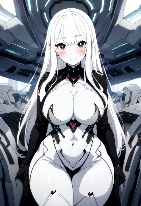 Masterpiece, High quality, High quality of art, anime lineart, 1girl,white hair, black eyes, white eyebrow, red eyeshadow, Tall, black cyber clothers, light gray cyber pants, big hips, big chest, very blush, white hearts in eyes, in future base, looking at...