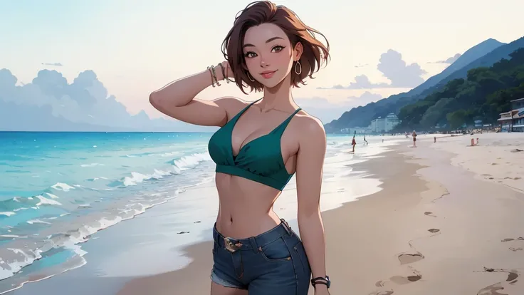 ((Highest quality)), ((masterpiece)), (detailed), perfection, Realistic, High Fashion, 16:9, Stylish Korean women of the 90s, Tourist beach background, Coolness, refresh, A woman poses next to a cool &#39;90s convertible, Beautiful smile, longing, A scene ...