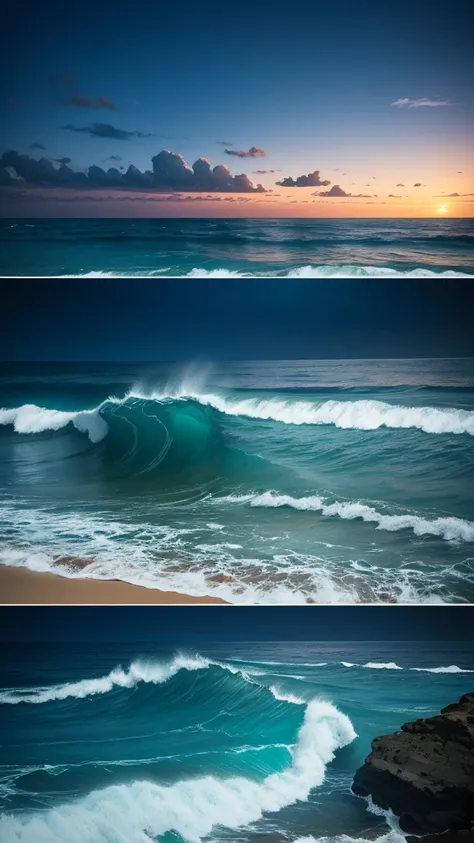 The sea and the sky are the same，Taken with a digital SLR camera、Actual photos of bioluminescent beaches and bioluminescent waves，Canon EOS 5D Mark IV，Sharp focus with the right lenses，Highly detailed original photograph，Shutter Masterpiece，Top quality pro...