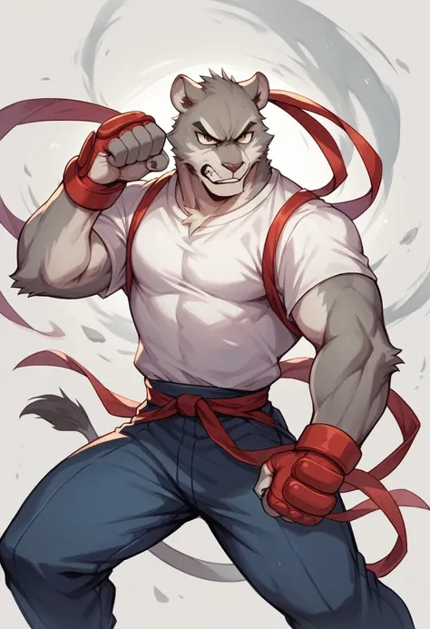 furry dark gray lion with street fighter clothes with bands on his hands dark gray lion with gray clothes aggressive angry and with combat pose