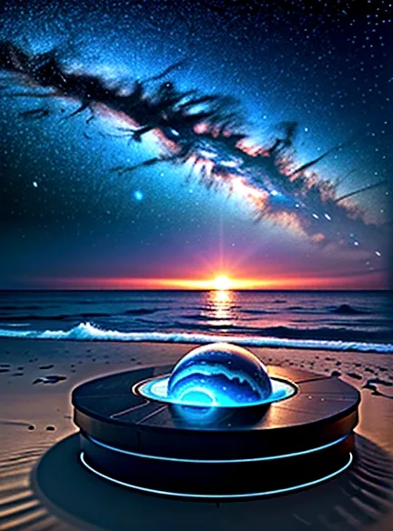 Giant planets, night, Starry Sky, Surrealism, Tabletop, High resolution、Impressive Milky Way:1.9、Sandy Beach、Vast blue ocean、Blue Wave、Blue Glacier、lightning:1.9、Protoplanet、Pure beauty