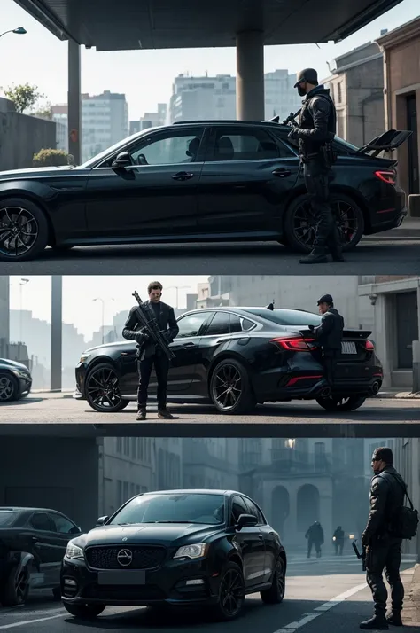 In the background we see a black car with two men talking outside it and one of them, more precisely the one on the right, is holding a suitcase .Further ahead we see the Ghost from Call of Duty and next to him is one also from Call of Duty, both holding w...