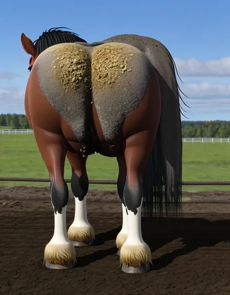 full rear view of large draft horse stallion with lumps of horse dung oozing out of a big   bum. facing away from view point - towards horizon. rectum and anus in full view. tail to left side.