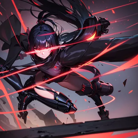 “A detailed illustration of Ayame, a cyborg ninja girl, picking up Honami’s severed right arm. Ayame has black hair tied in a ponytail and is wearing a sleek, modern ninja outfit predominantly black with red accents. Her entire body, except for her face, i...