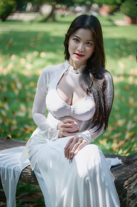 big breasts, round breasts, wearing bra inside ao dai, slim figure, beautiful figure, big breasts, ponytail, sharp 8k quality photo, ((beautiful, sharp, balanced face details) for )), ((beautiful breasts, exposed cleavage, plump body), ((beautiful sparklin...