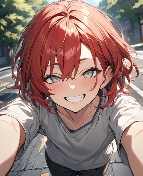 1 young man、Red hair、Hairstyle、Shortcuts、Grey Eyes、Slanted Eyes、Casual clothing、whole body、Are standing、Outdoor、asphalt, red hair, short hair, hair ribbon, grin, first-person view, UHD, super detail, high details