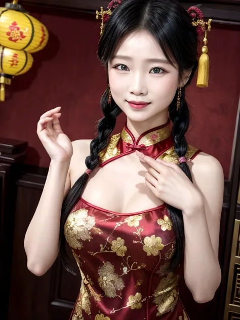 Eyes are very fragile，Double braids with cheongsam，Chinese New Year Decorations（（Smiling artwork）））， （（best quality））， （（Intricate details））， （（Surreal））（8K）add a gold oriental hair pin