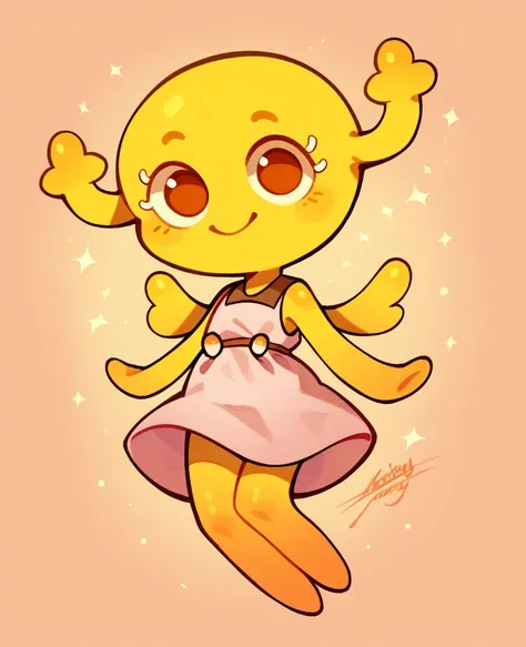 Penny Fitzgerald, penny_unshelled, alone, cute, smiling, yellow body, kid, yellow wings, pink cute dress, full body