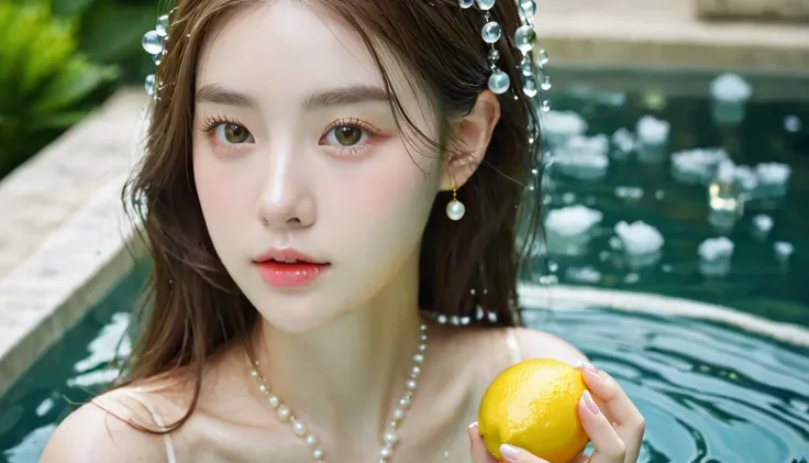 Summer Lemon Girl，Dopamine teenage， Cool summer days，Ice cubes，The watery girl，Delicate skin，Hydration，Shiny，Shiny，dream，Front view，bust，pearl，Lemon fruit