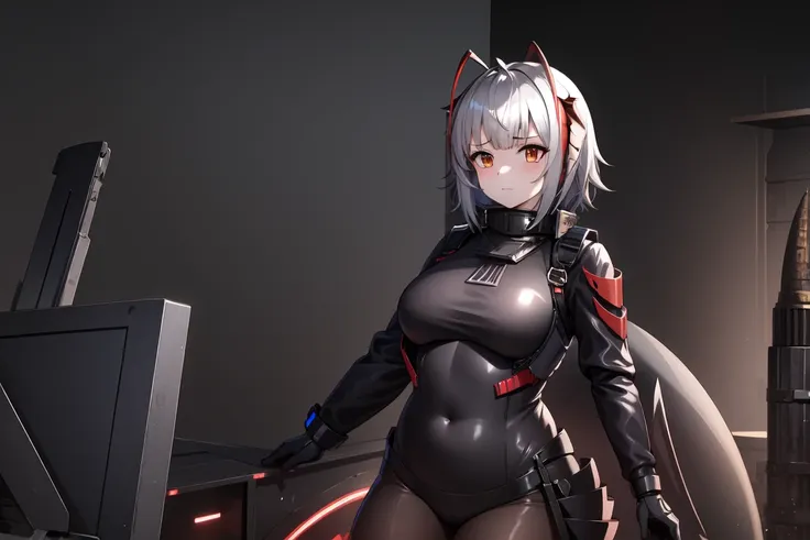 1girl, w_arknights, black bodysuit with blue parts, ancient space ruins, hi-tech armor pieces, face, mature