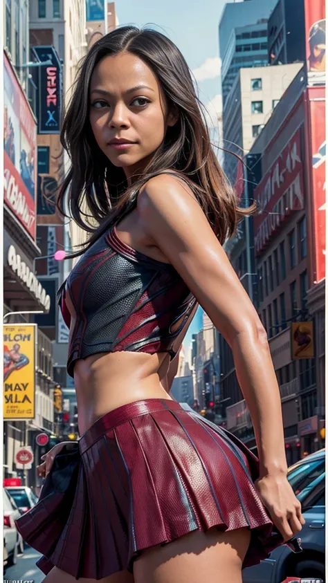 Zoe Saldana、マーベルコミックの映画Poster、so beautiful、Movies about Spider-Man、sexy、whole body、Wearing a skirt、Premiere Date、Poster、belly buttonを突き出す、new york、She&#39;s wearing a ripped Spiderman suit、The suit is torn、Wearing a skirt、Red and black color scheme、dynamic...