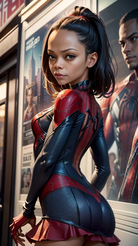 Zoe Saldana、マーベルコミックの映画Poster、so beautiful、Movies about Spider-Man、sexy、whole body、Wearing a skirt、Premiere Date、Poster、belly buttonを突き出す、new york、She&#39;s wearing a ripped Spiderman suit、The suit is torn、Wearing a skirt、Red and black color scheme、dynamic...