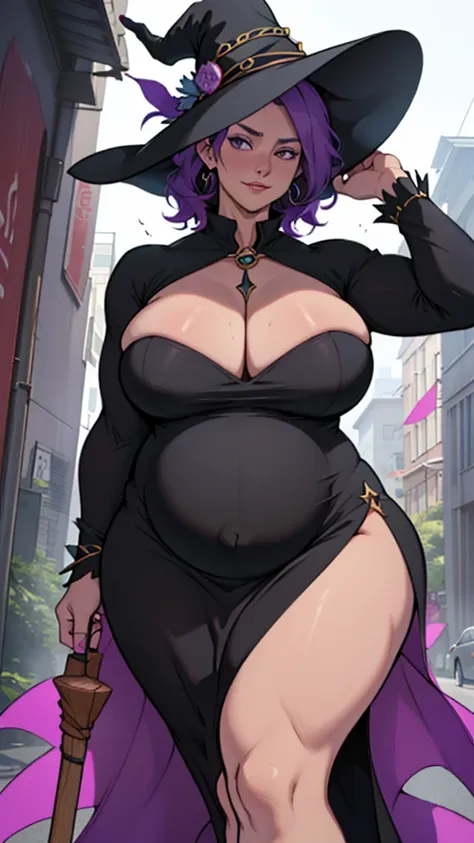 pregnant woman, older, in their 30s, with short purple hair and a tall, curvy body, vista sideways, sideways, breasts big, (work of art, best qualityer:1.2) wearing the legendary great black dress of the mystical sorceress, Big witch hat, breasts big gesta...