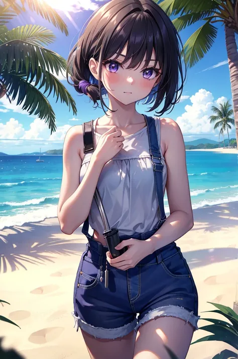 Takiuchi Kame, check it out, short hair,ponytail, bangs,  black hair, (purple eyes:1.2),smile,blush,sleeveless tank top,blue shorts overalls,barefoot,barefoot,While walking along the sandy beach,Light of the sun,noon,true summer,Palm tree,
BREAK outdoors, ...