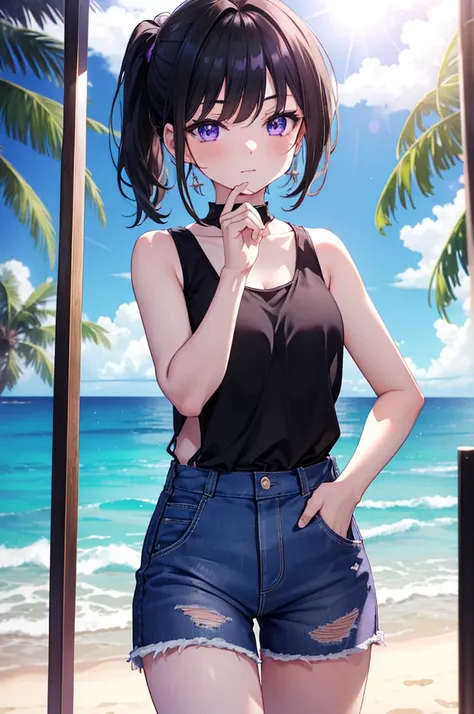 Takiuchi Kame, check it out, short hair,ponytail, bangs,  black hair, (purple eyes:1.2),smile,blush,sleeveless tank top,blue shorts overalls,barefoot,barefoot,While walking along the sandy beach,Light of the sun,noon,true summer,Palm tree,
BREAK outdoors, ...