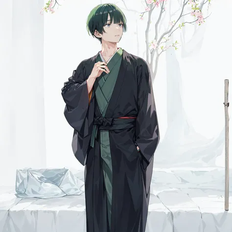 1 boy, 24 years old, full body, blunt bangs, bob cut, dark green hair, ((transparent background)),(solo),standing,{{{{Japanese monk}}}}},(wearing shoes on feet),{{wearing an article of clothing in the same manner as a kasaya}}},{{glaze}},{{Hair shine}},((i...